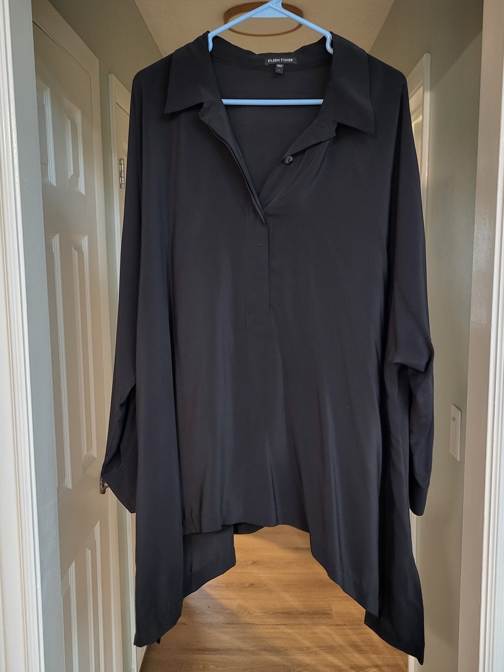Eileen Fisher Black Asymmetric Collared Silk Tunic Large L